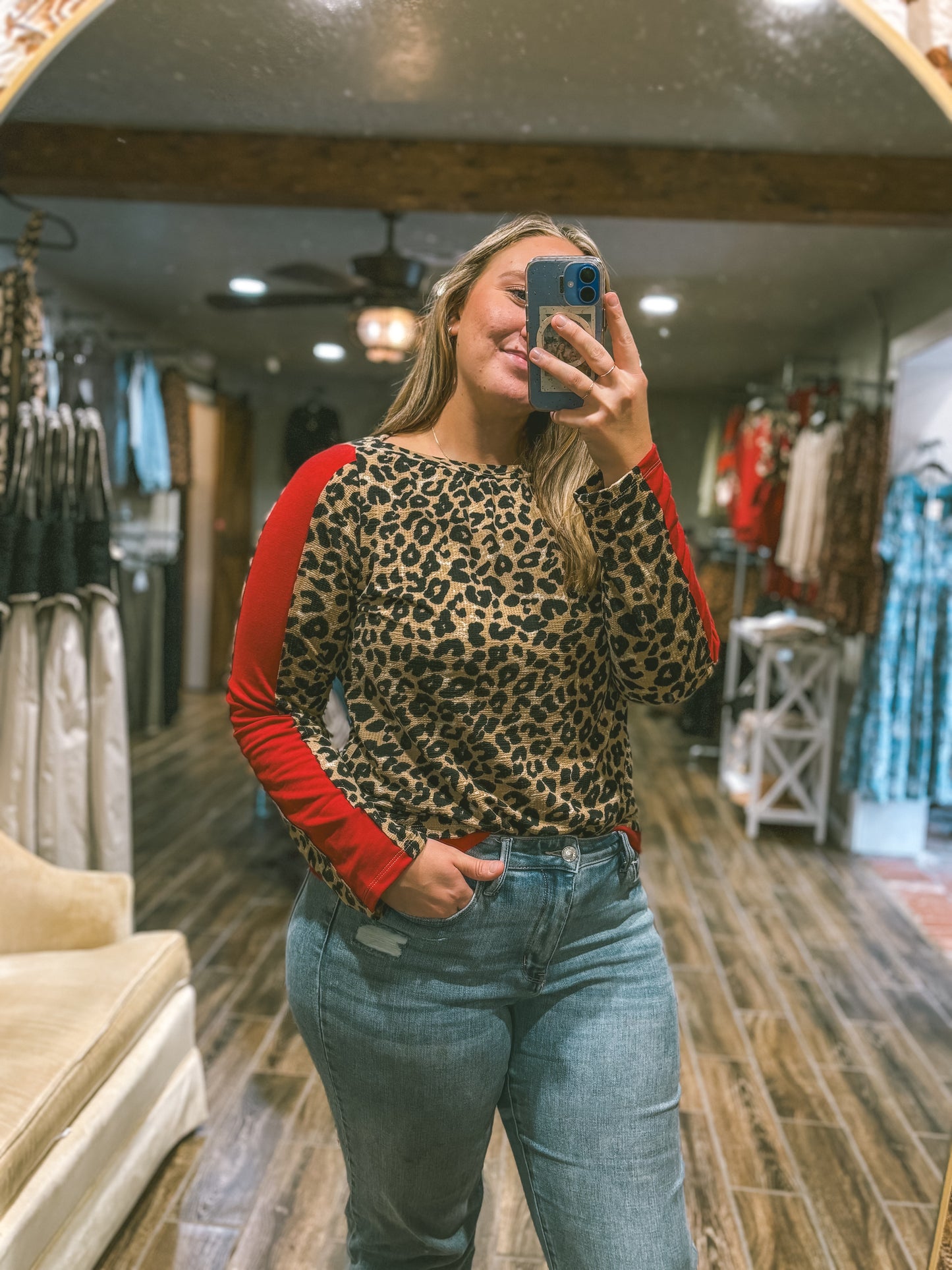 Leopard Boat Neck Top - Red