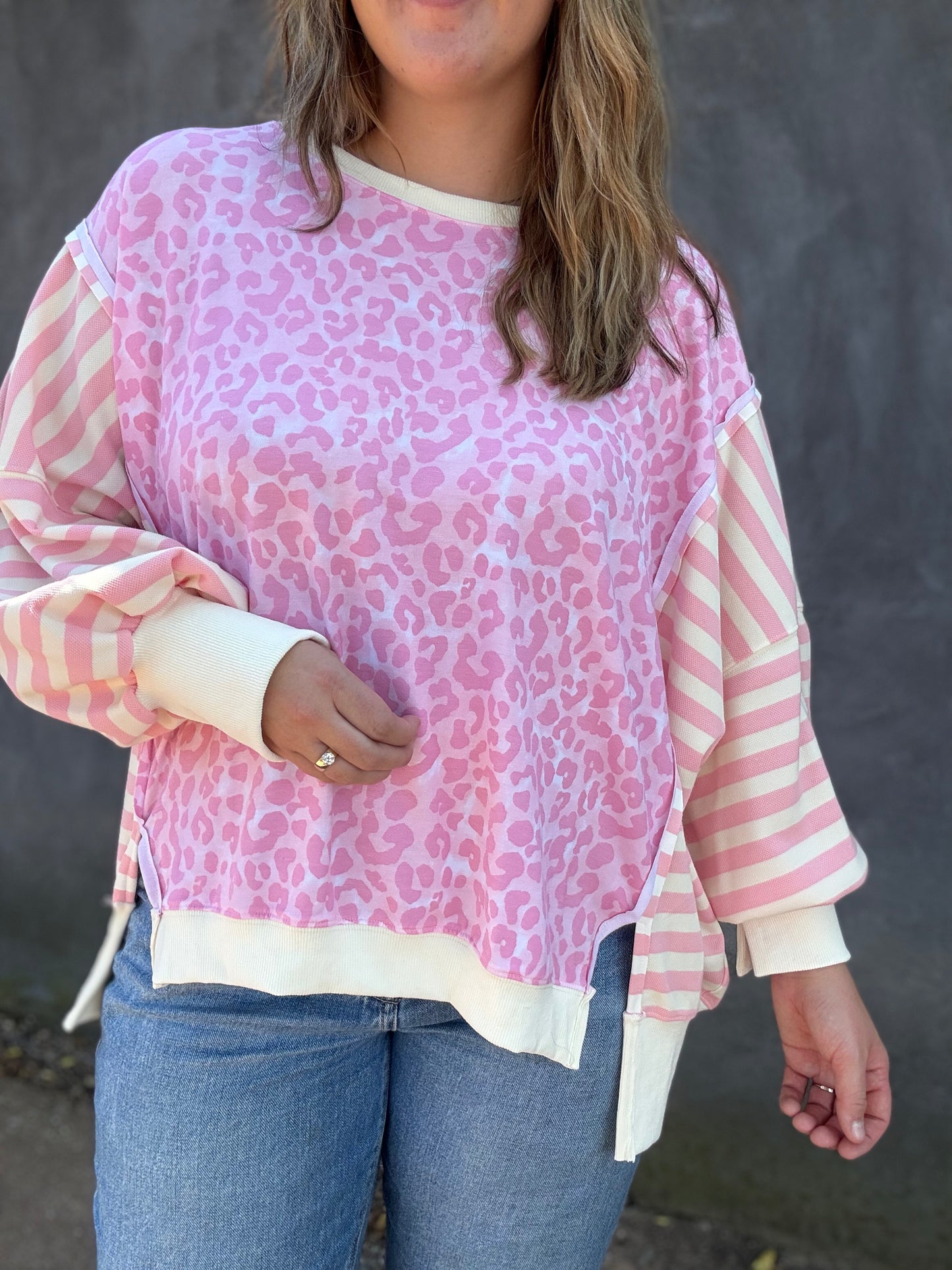 Leopard/Stripe Top — Blush Pink