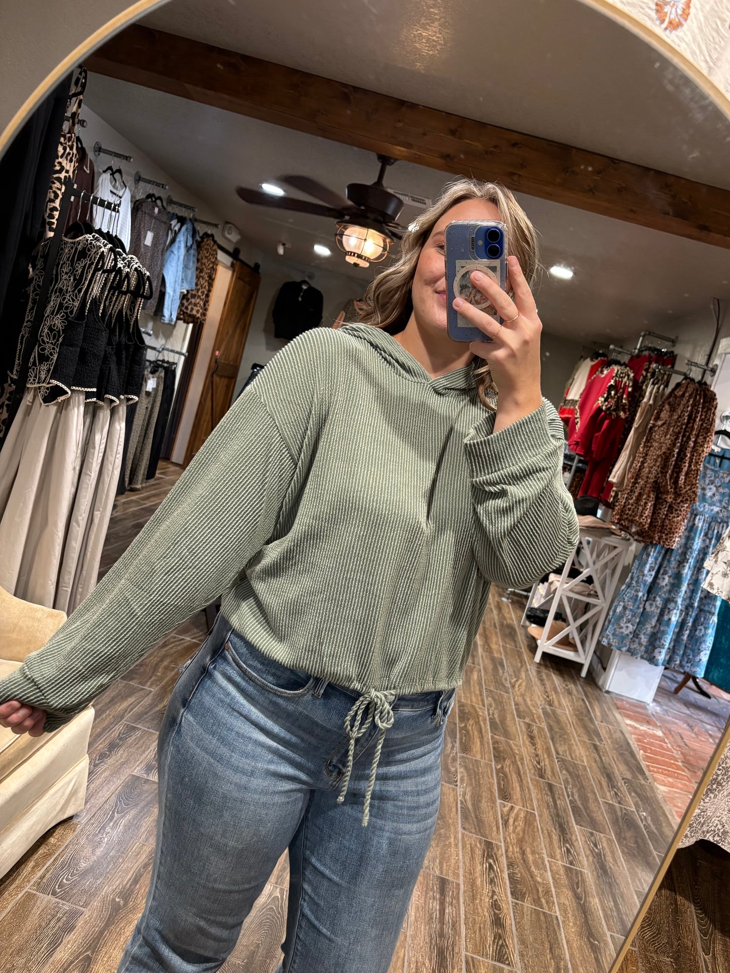 Ribbed Hoodie with Drawstring - Army