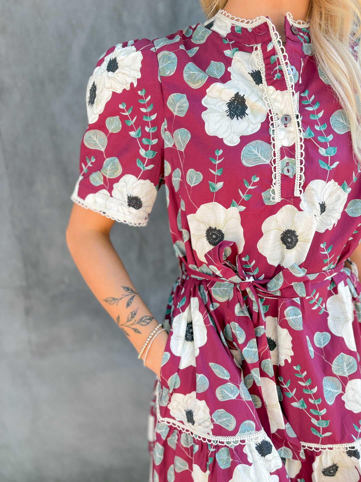 Floral Belted Dress - Plum