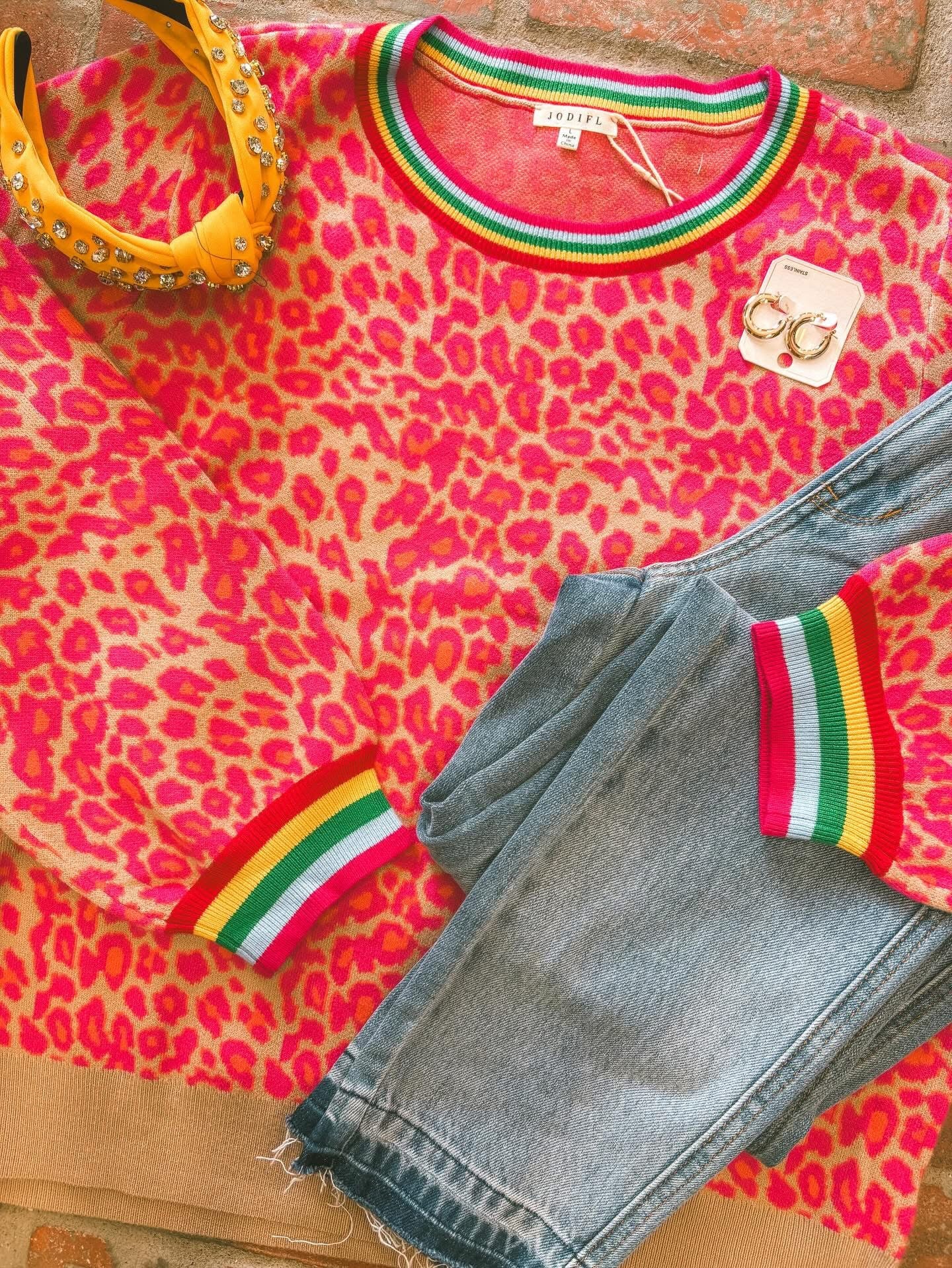 Leopard Top with Stripe Detail - Hot Pink