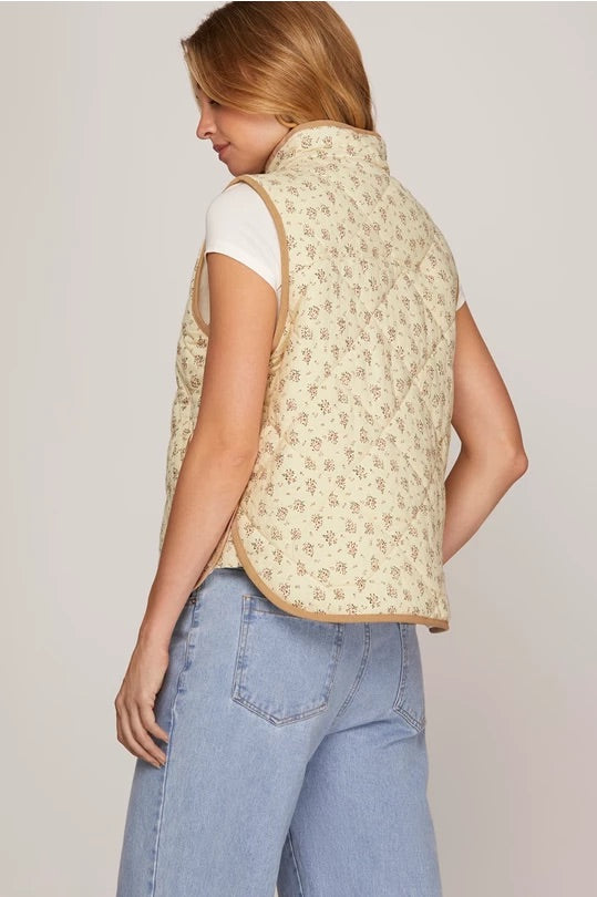 Floral Print Quilted Vest — Taupe