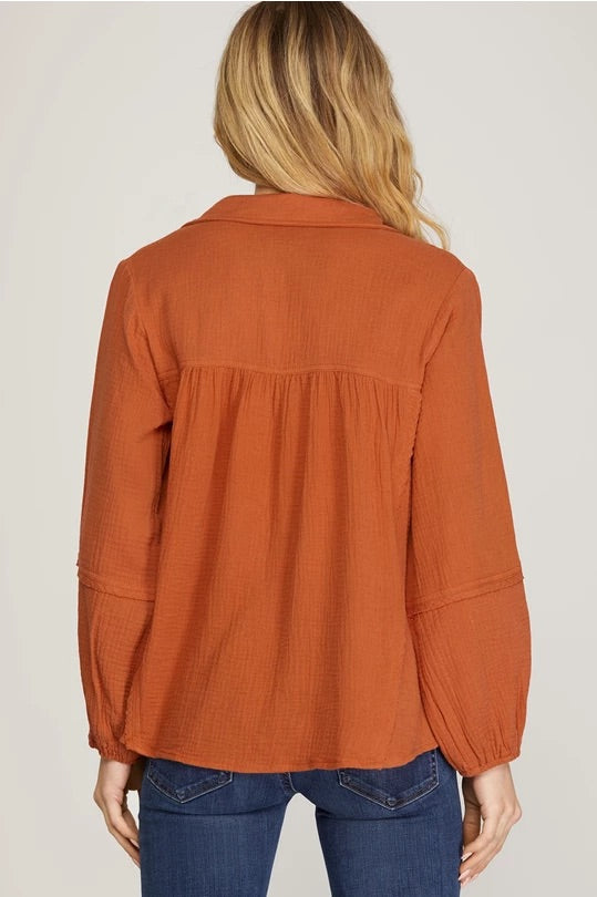 Woven Collared Blouse — Rust