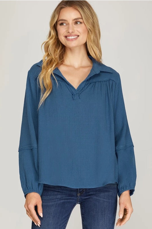 Woven Collared Blouse — Blue