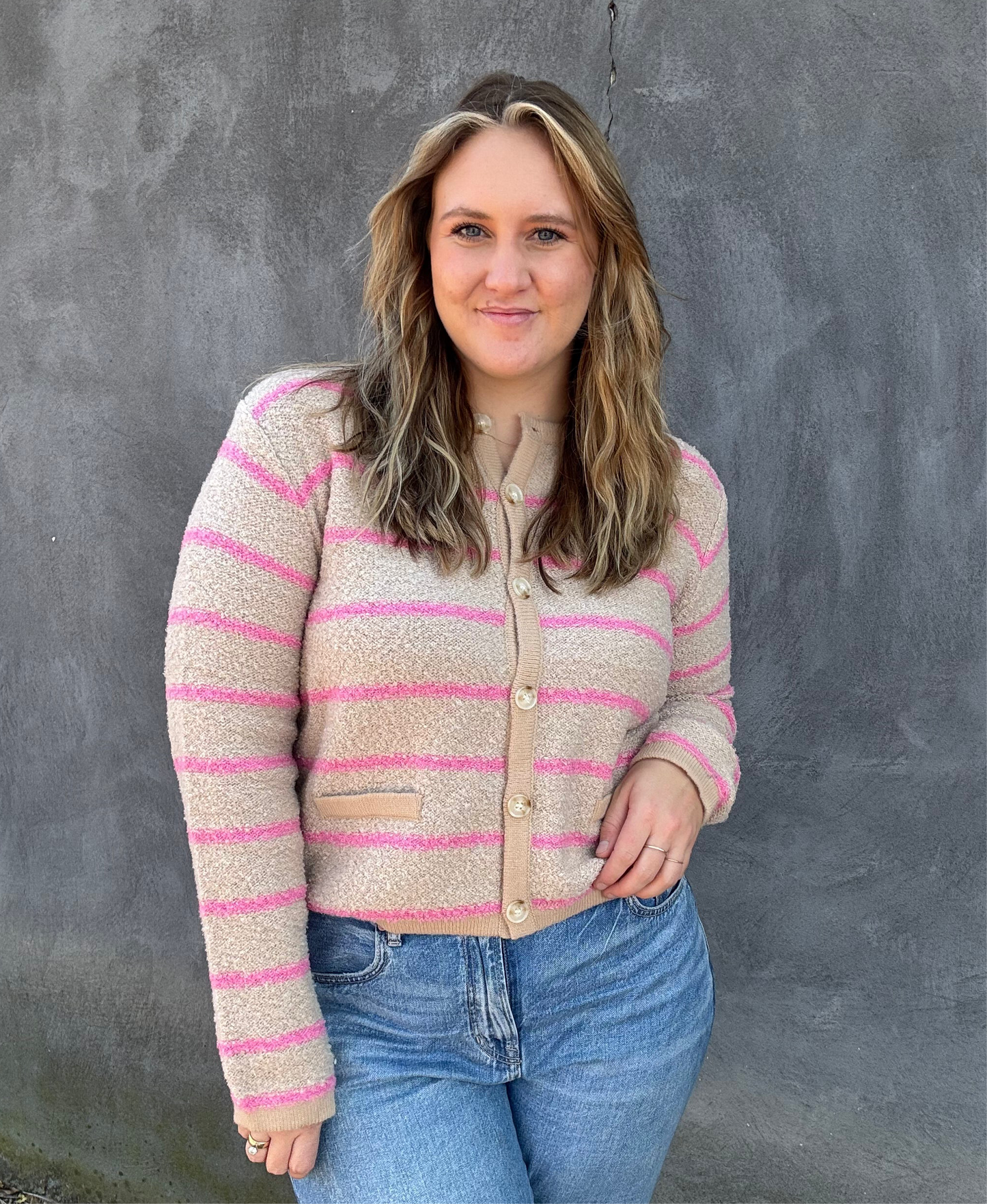 Striped Button Down Cardi - Taupe/Punch