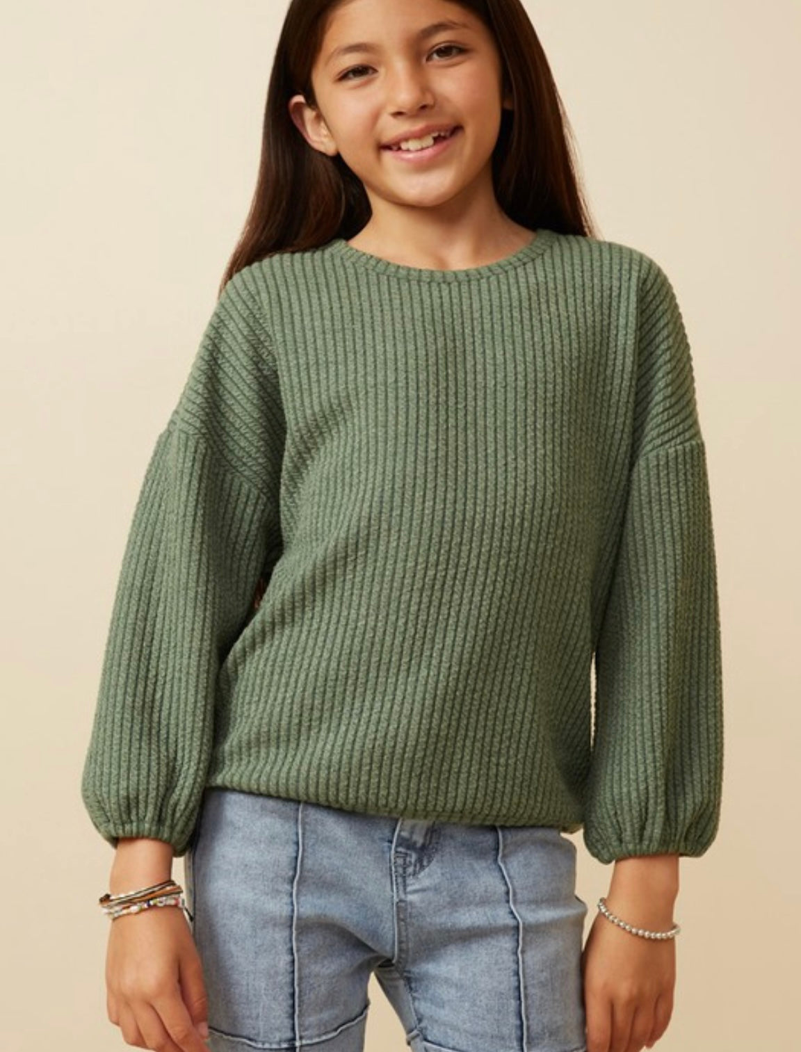 Olive Ribbed Girls Long Sleeve