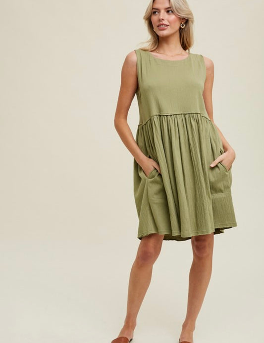 Crinkle Knit Mini Dress — Olive