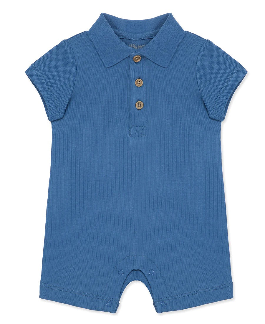 Blue Ribbed Knit Polo Romper