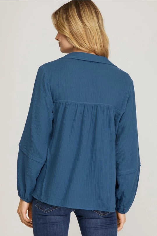 Woven Collared Blouse — Blue