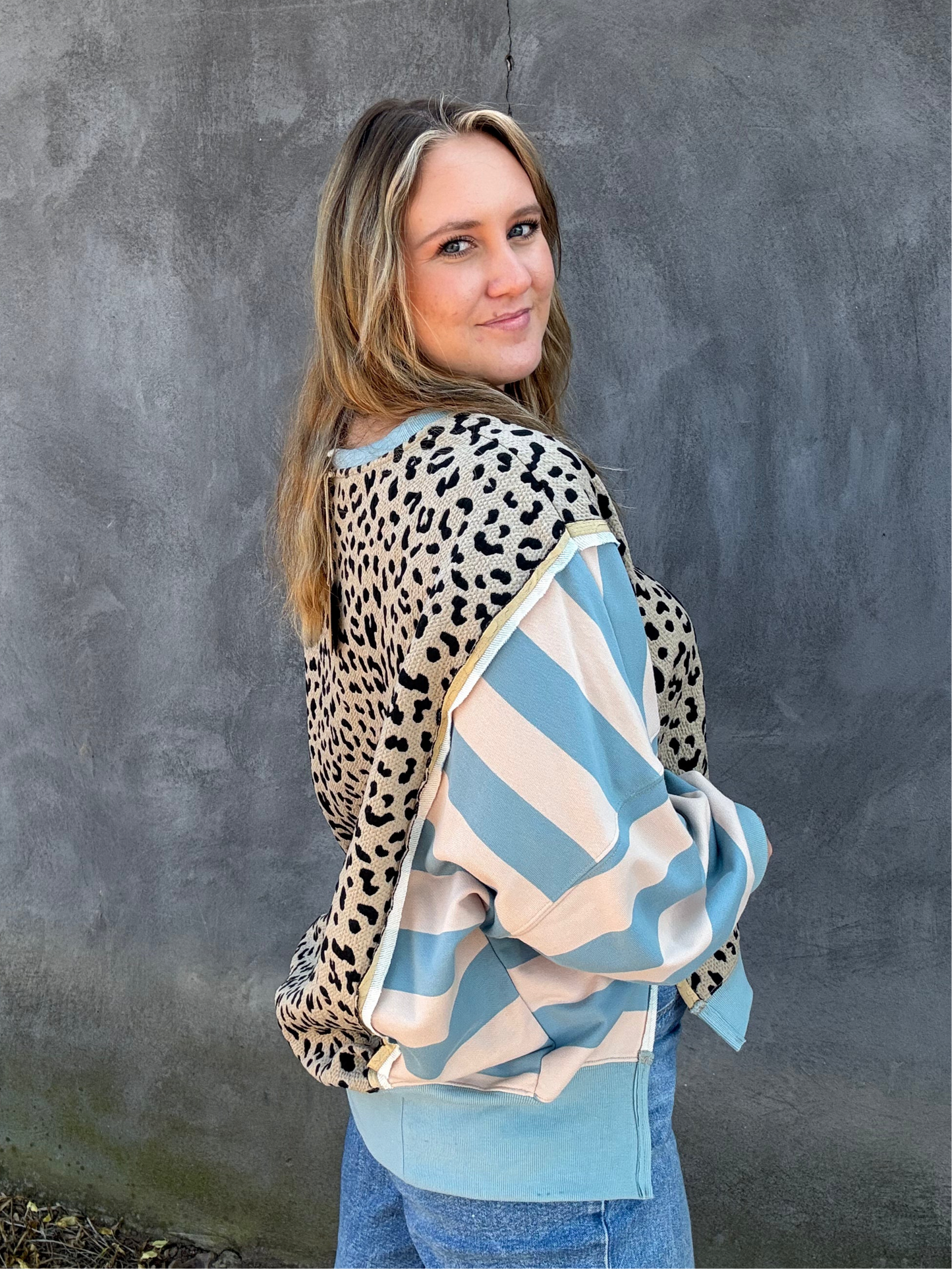 Leopard/Stripe Sweatshirt — Blue