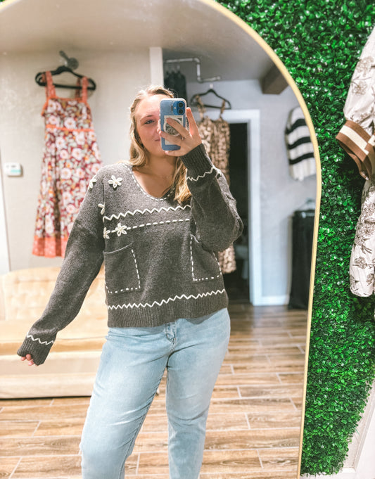 Embroidered Sweater W Pockets - Charcoal