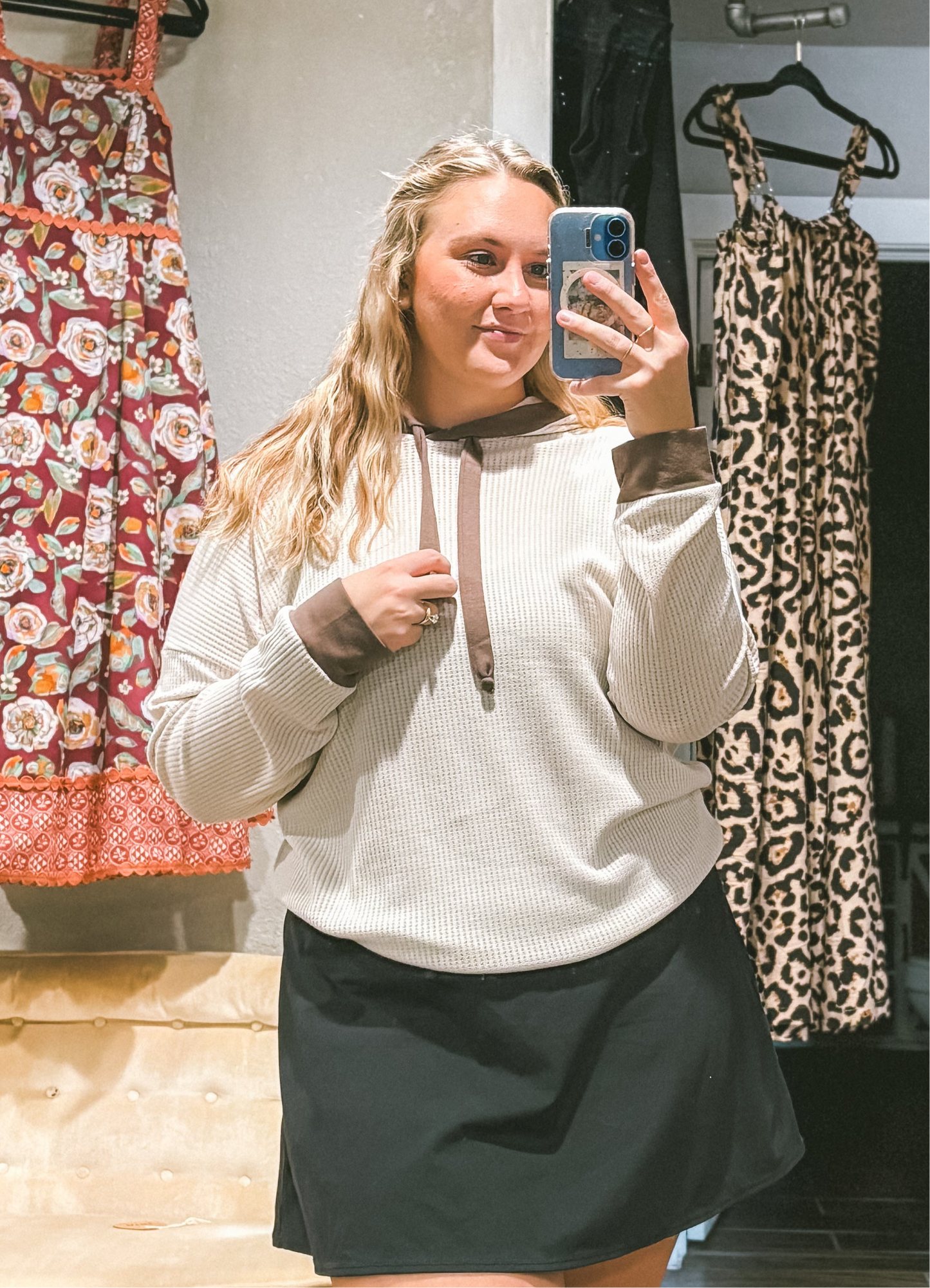 Hooded Knit Top Drawstrings - Natural