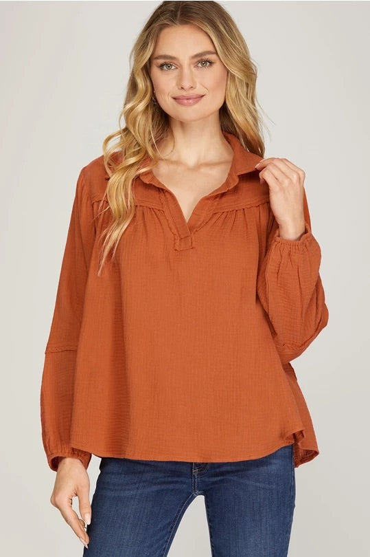 Woven Collared Blouse — Rust