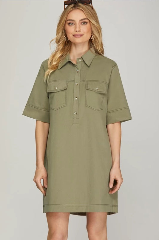 Stitch Woven Shirt Dress — Olive