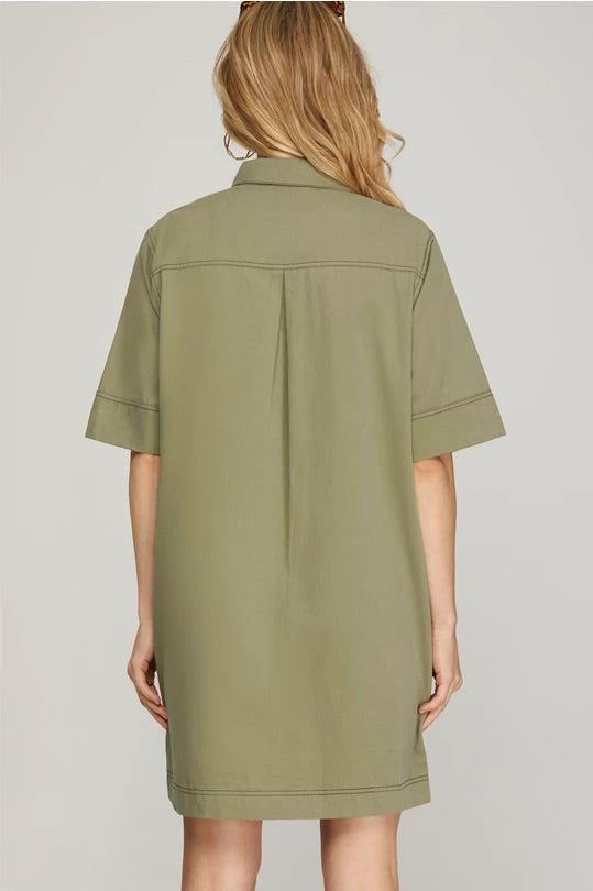 Stitch Woven Shirt Dress — Olive