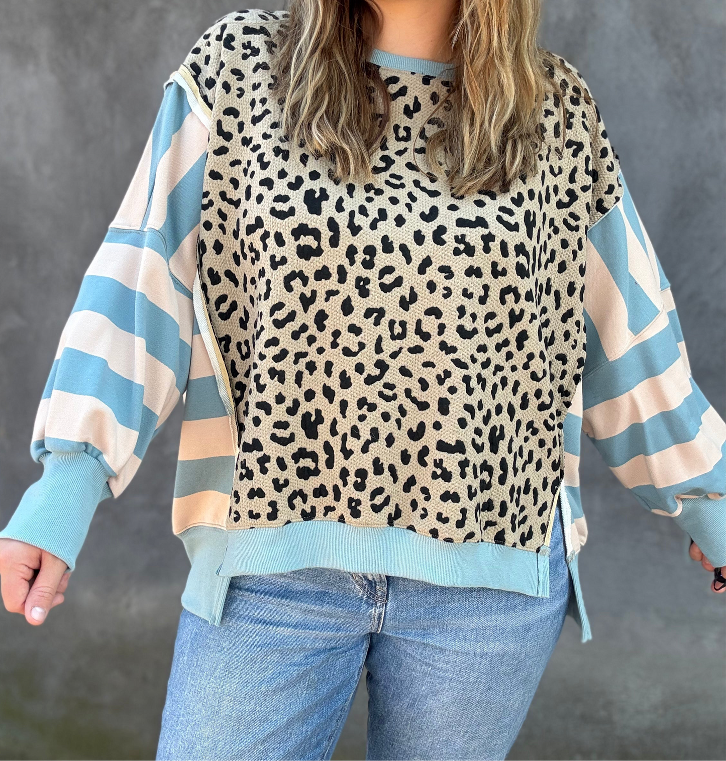 Leopard/Stripe Sweatshirt — Blue