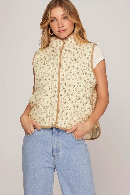 Floral Print Quilted Vest — Taupe