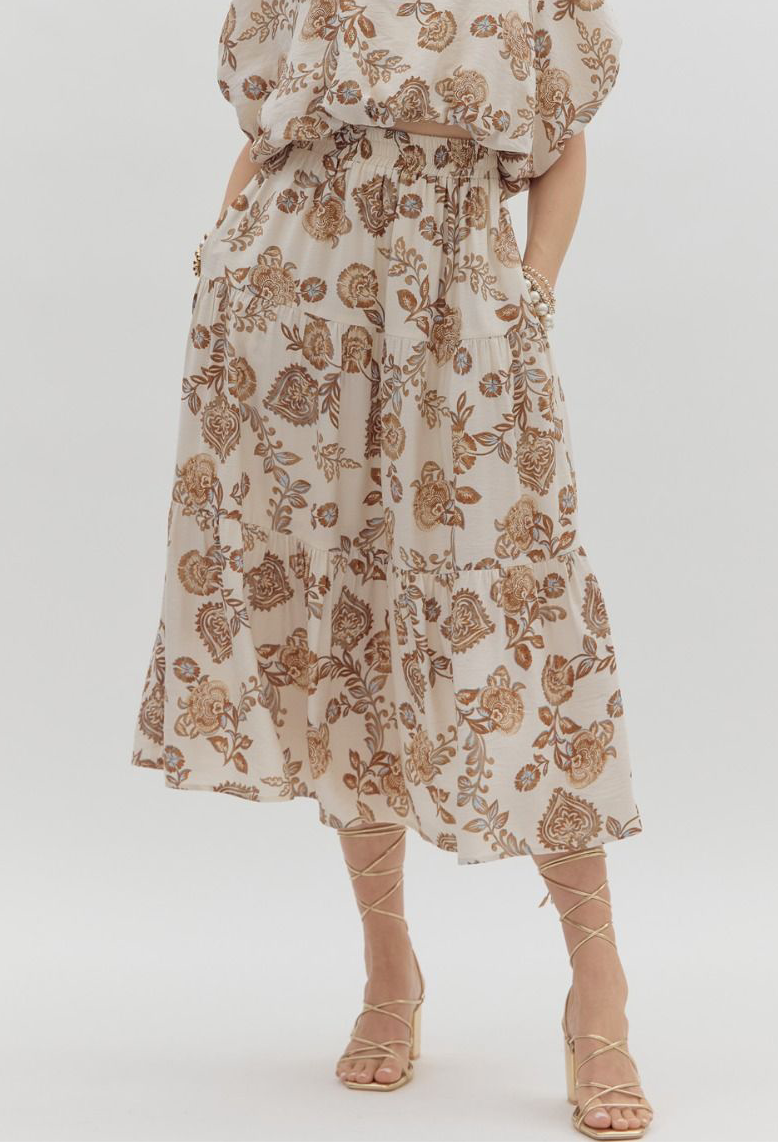 Floral Tiered Midi Skirt - Ivory