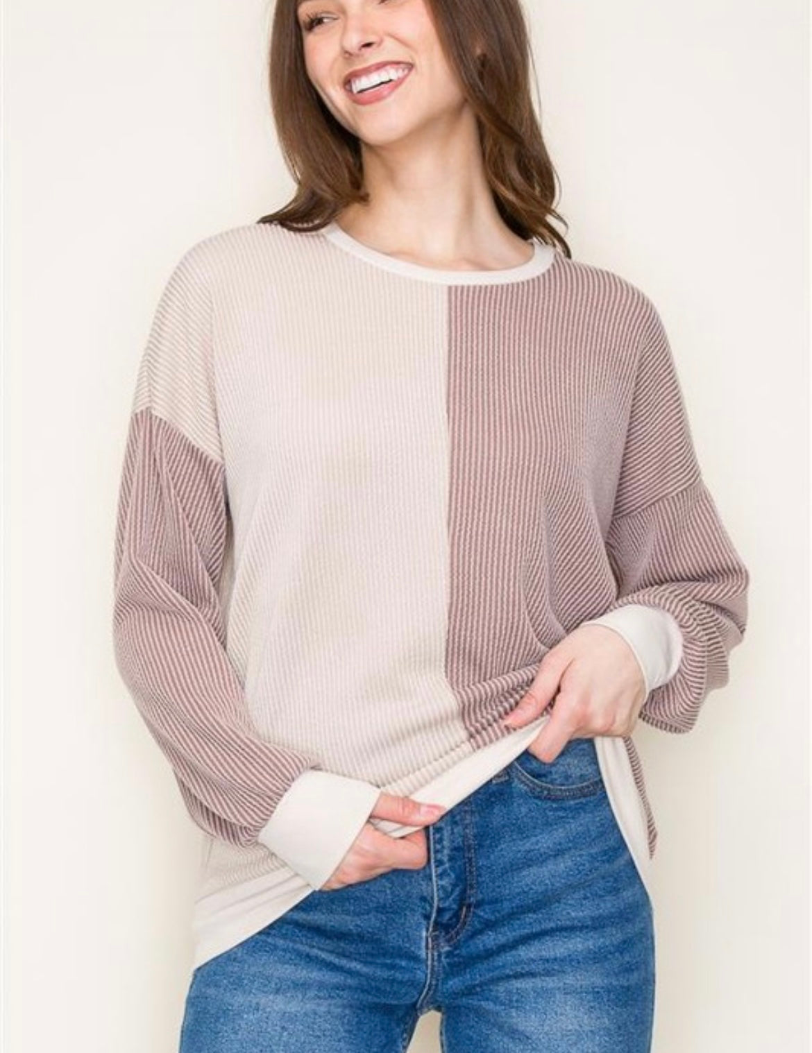 Ribbed Colorblock Top — Mocha