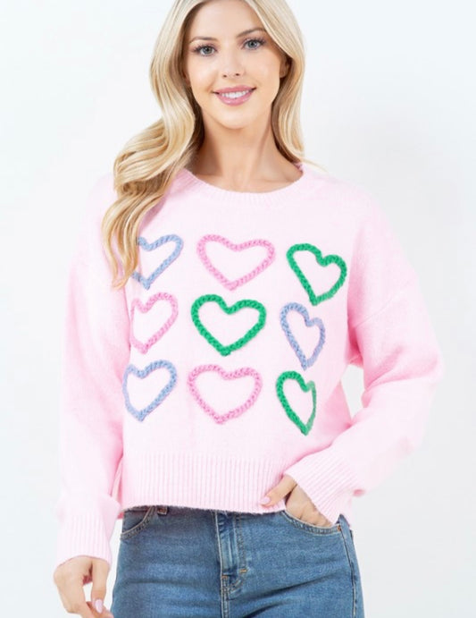 Multicolored Knit Heart Sweater