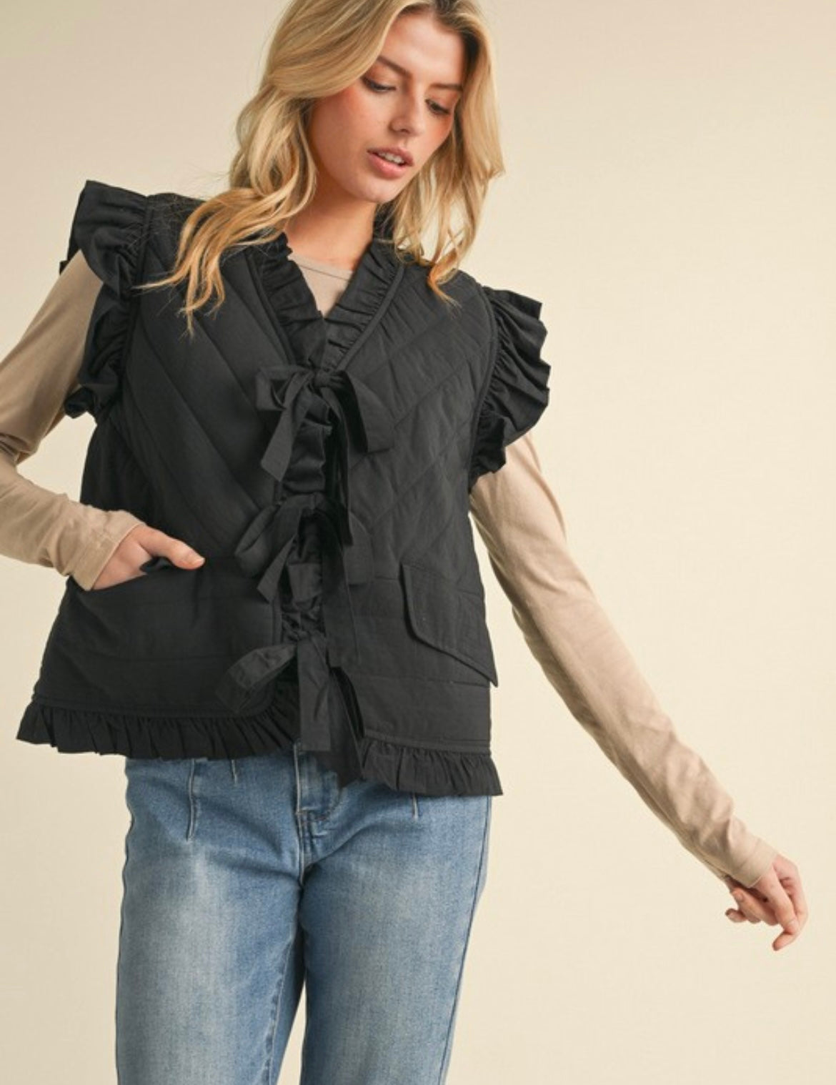 Quilted Bow Tie Ruffle Vest — Black