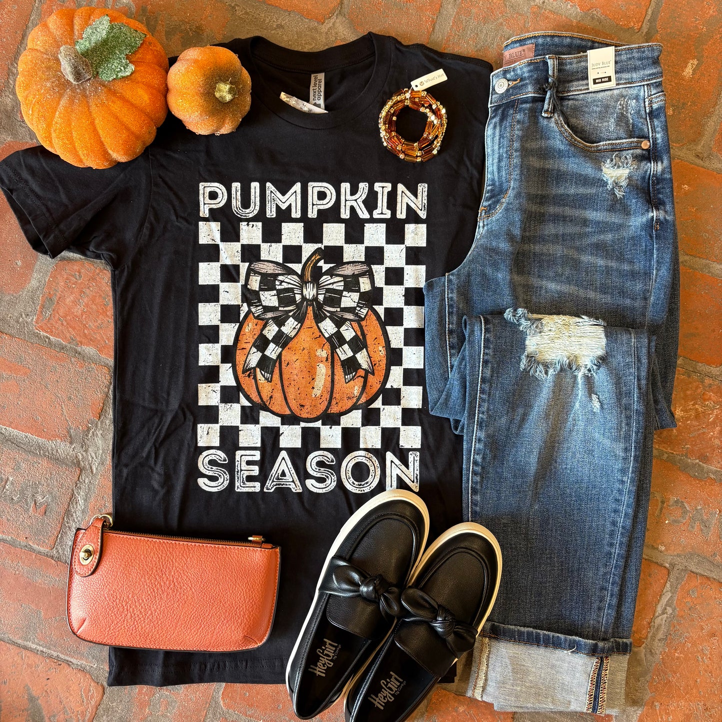 Checkered Pumpkin Season Tee - Black