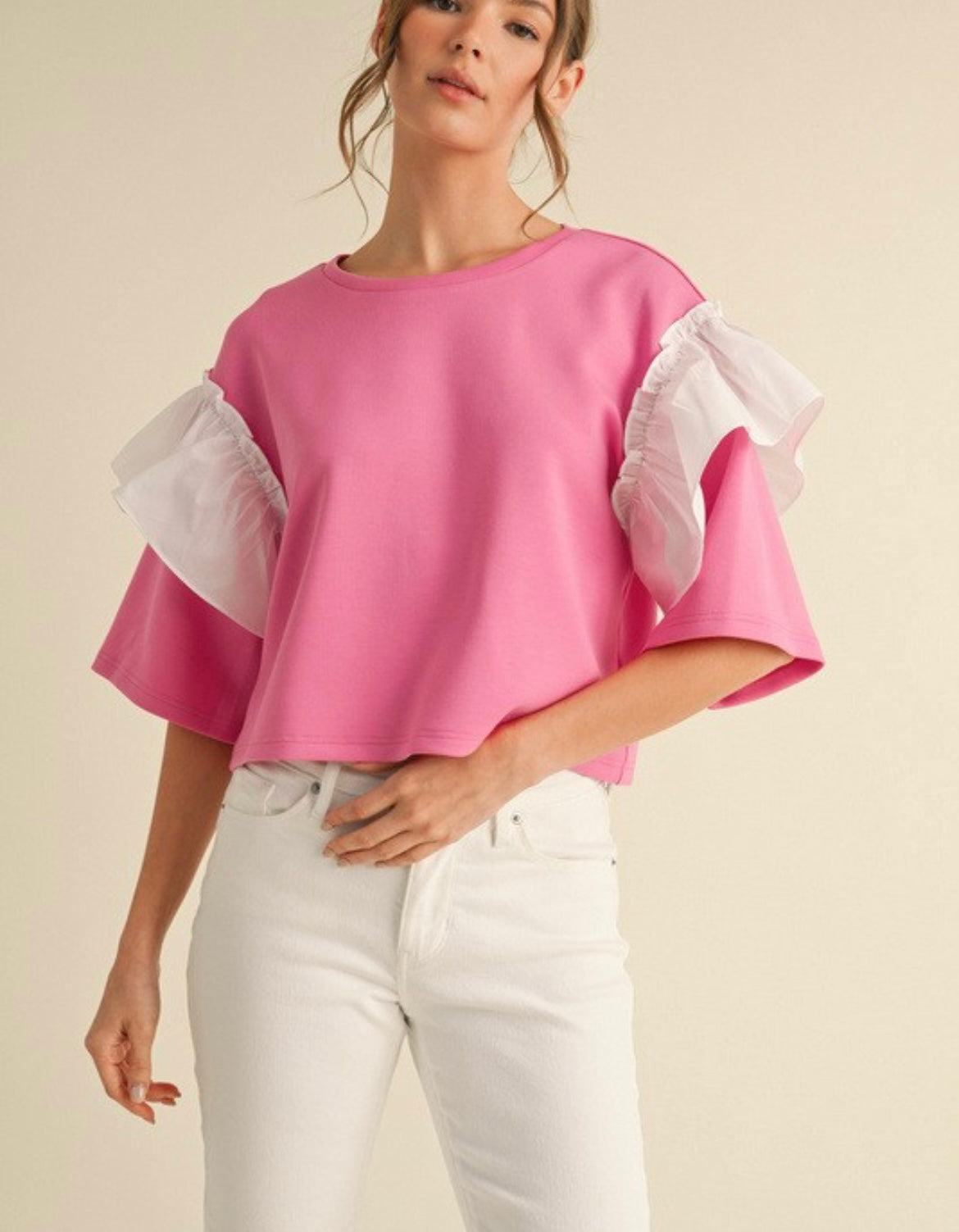 Bubble Gum/White Ruffle Detail Top