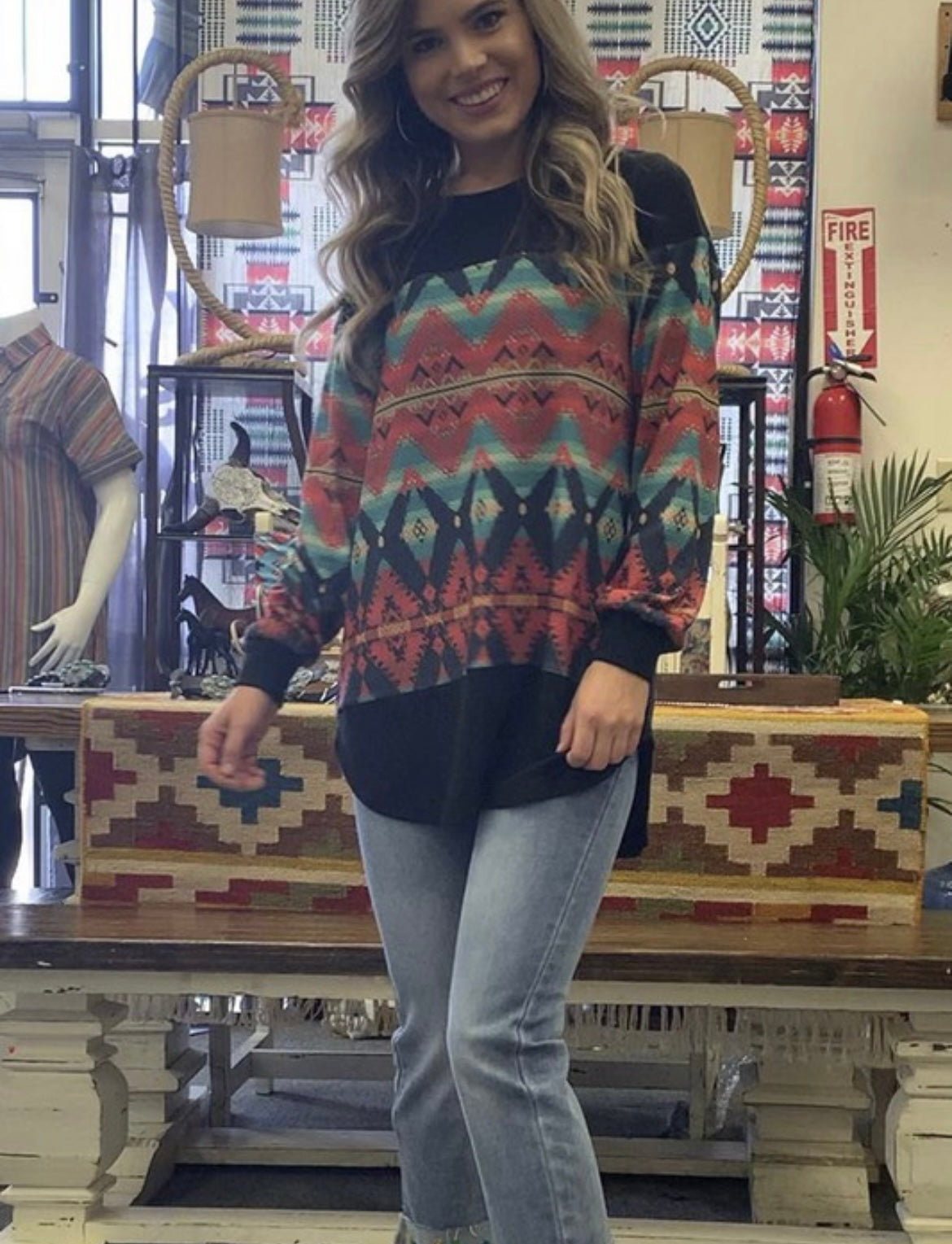 Black Aztec Detail Long Sleeve