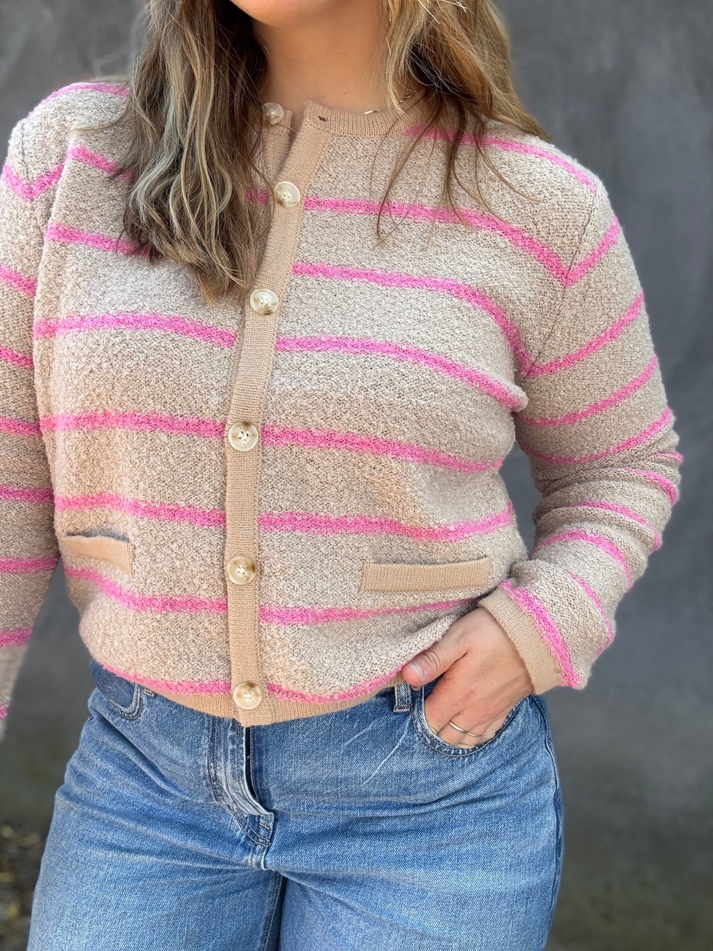 Striped Button Down Cardi - Taupe/Punch