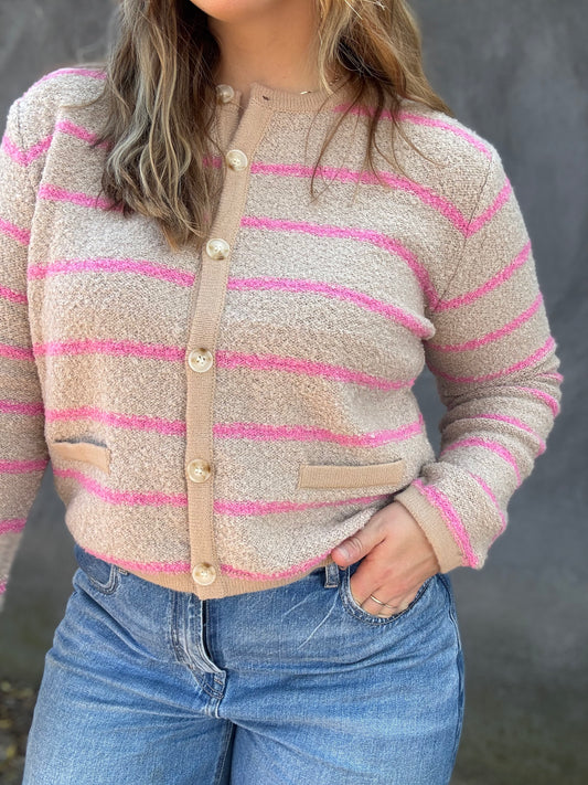 Striped Button Down Cardi - Taupe/Punch