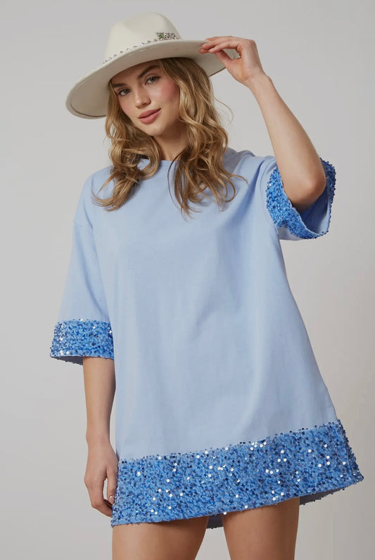 Sequin Band Tshirt Dress — Blue