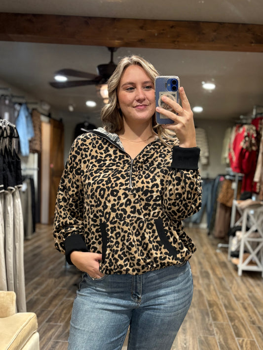Leopard Waffle Half Zip Hoodie
