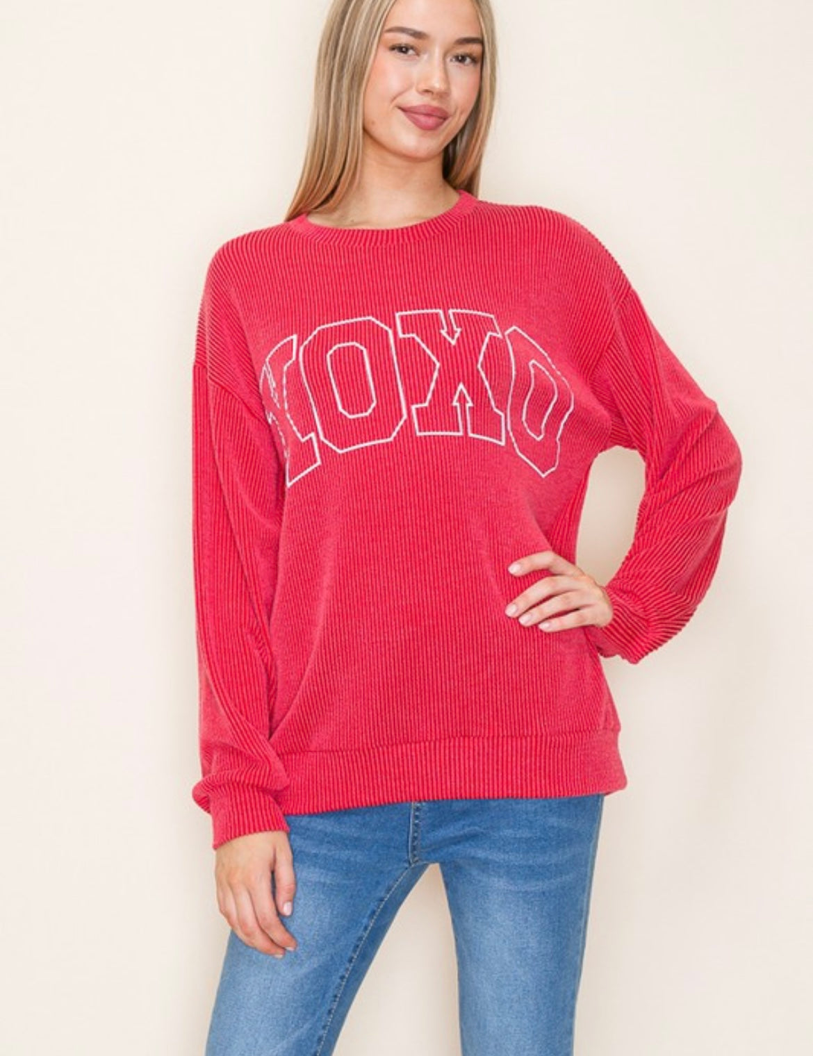 Xoxo Ribbed Sweatshirt — Red