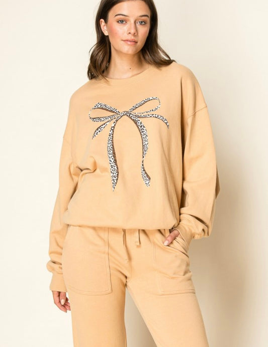 Leopard Bow Sweatshirt — Camel