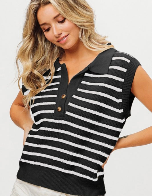 Striped Sweater Half Button Vest