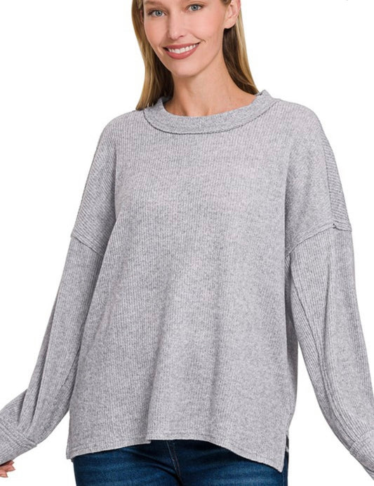 Ribbed Drop Shoulder Sweater — Grey