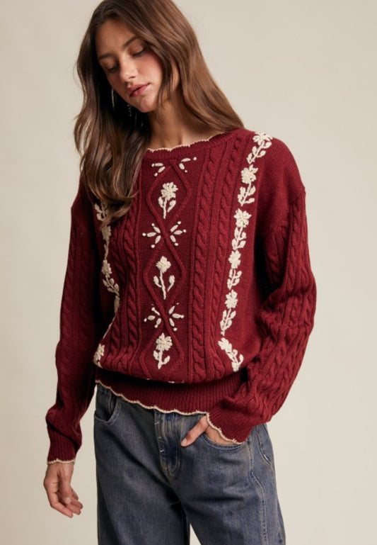 Embroidered Sweater - Burgundy