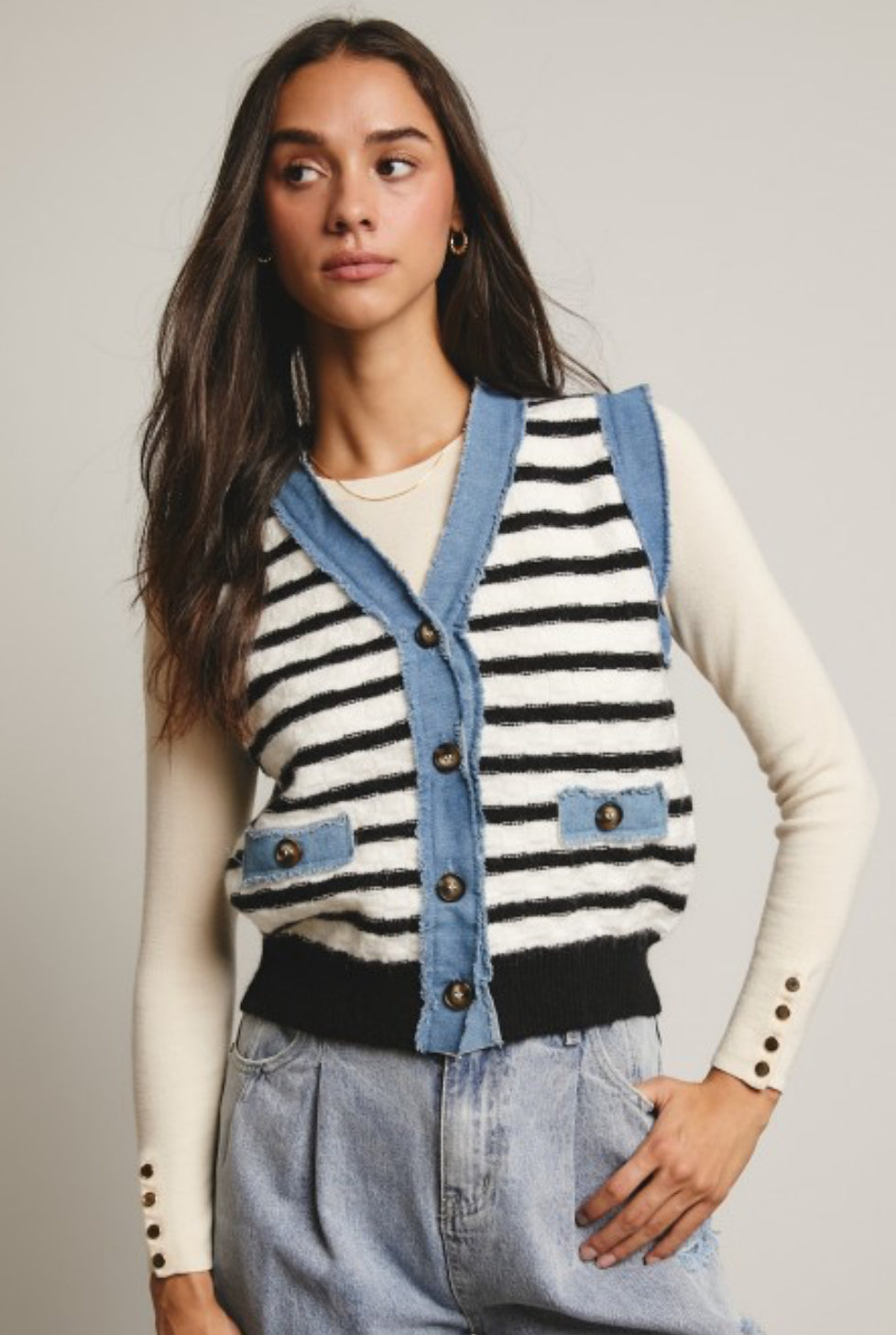 Denim Trim Striped Vest