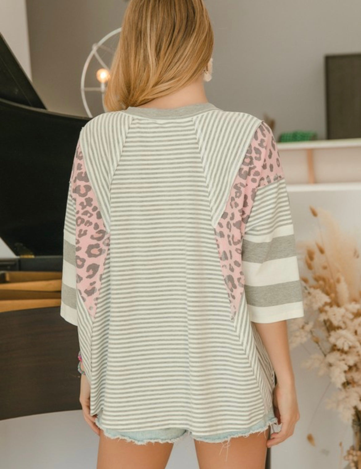 Stripe/Leopard Print Top — Grey