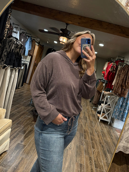 Ribbed Hoodie with Drawstring - Brown