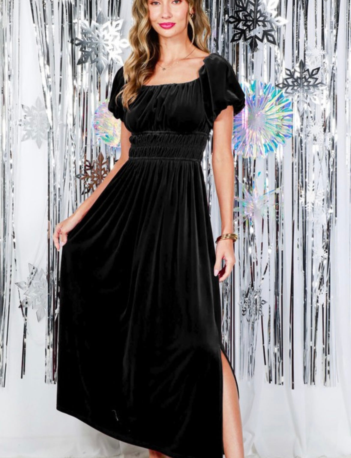 Smocked Velvet Puff Sleeve Maxi Dress