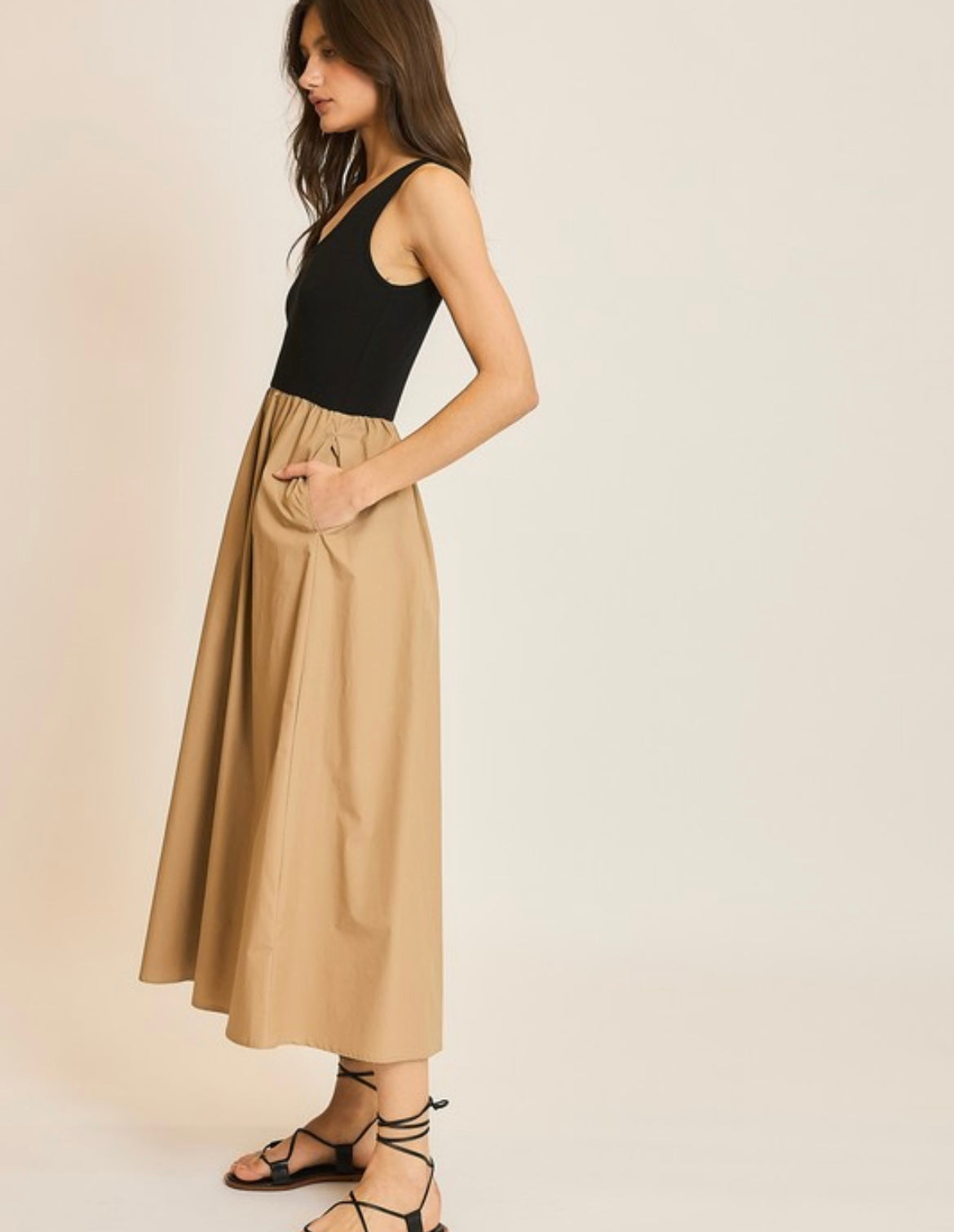 Midi Tank Dress — Black/Camel