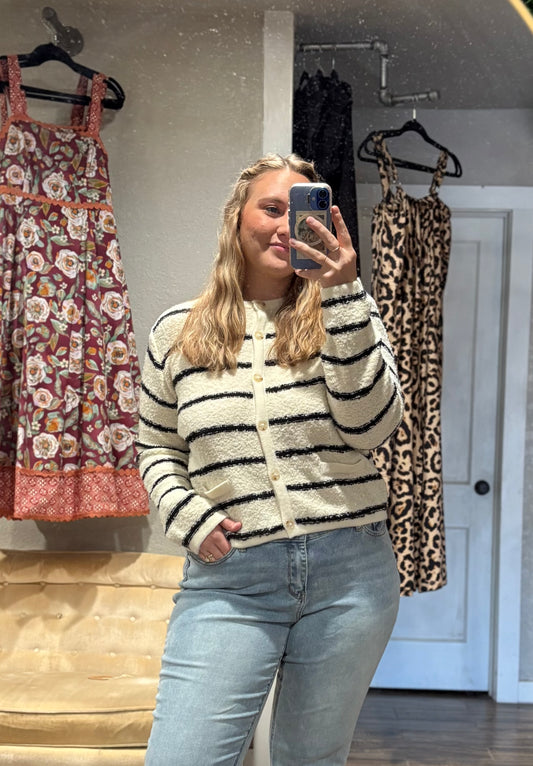 Striped Button Up Cardi - Cream/Black