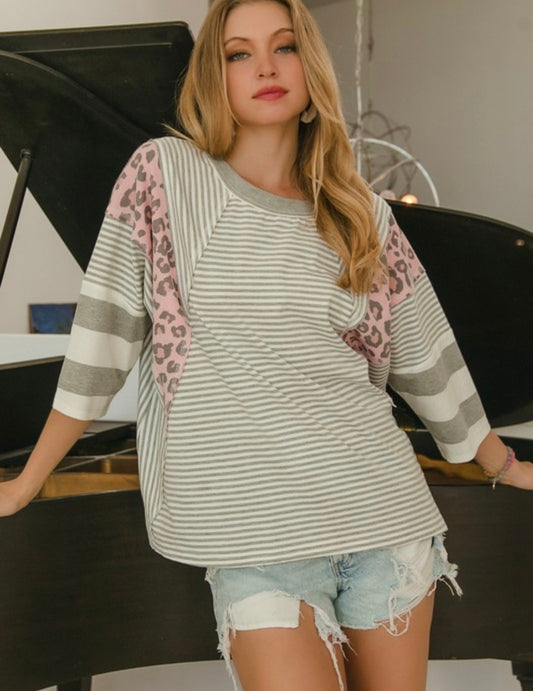 Stripe/Leopard Print Top — Grey