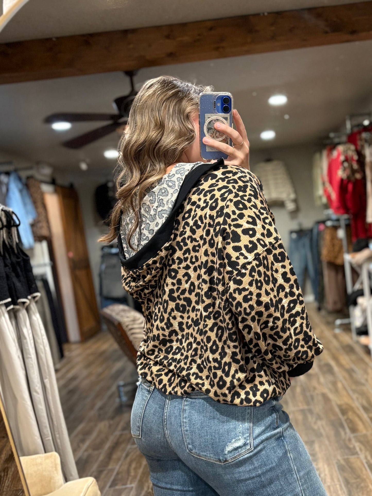 Leopard Waffle Half Zip Hoodie