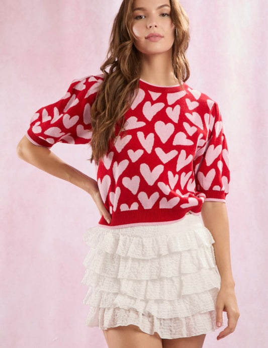 Heart Pattern Puff Sleeve Sweater