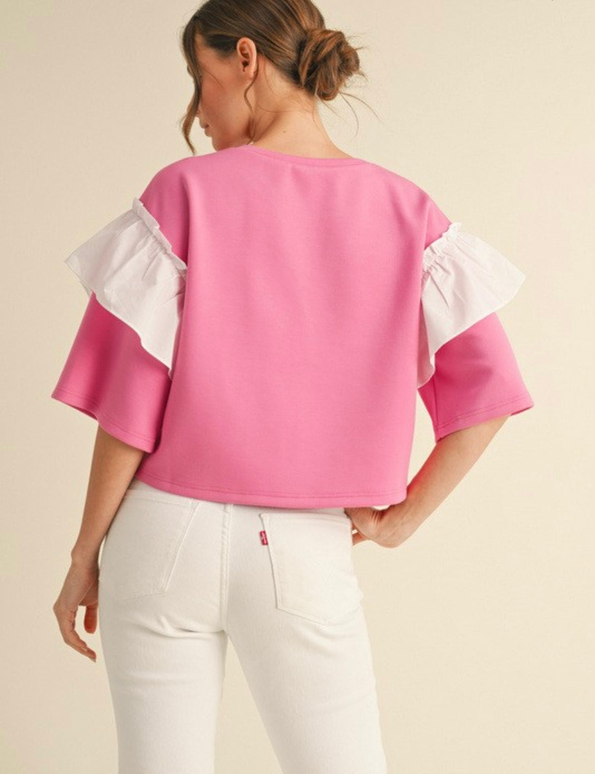 Bubble Gum/White Ruffle Detail Top