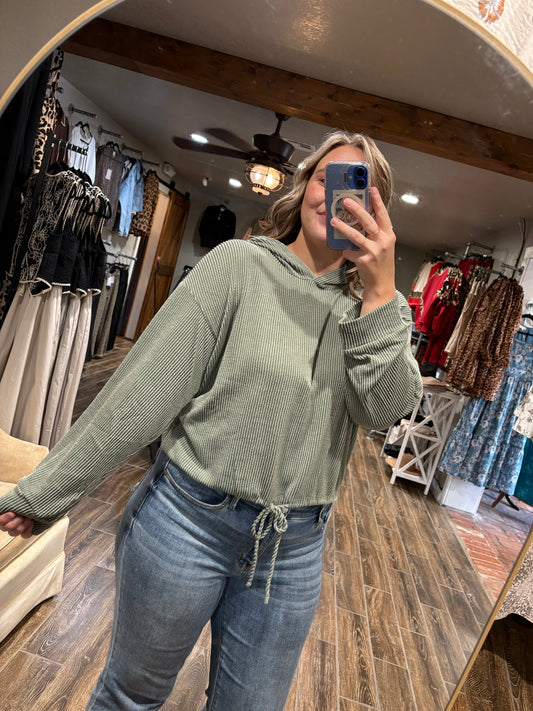 Ribbed Hoodie with Drawstring - Army