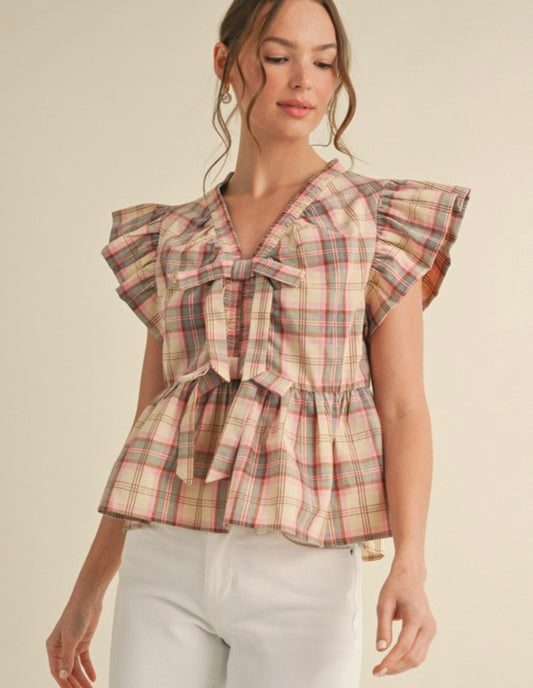 Multicolor Plaid Flutter Sleeve Top