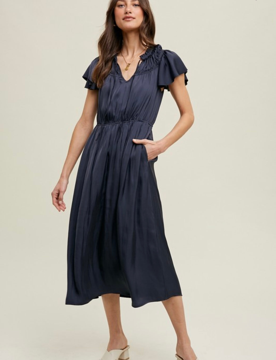 Satin Midi Dress — Dark Navy